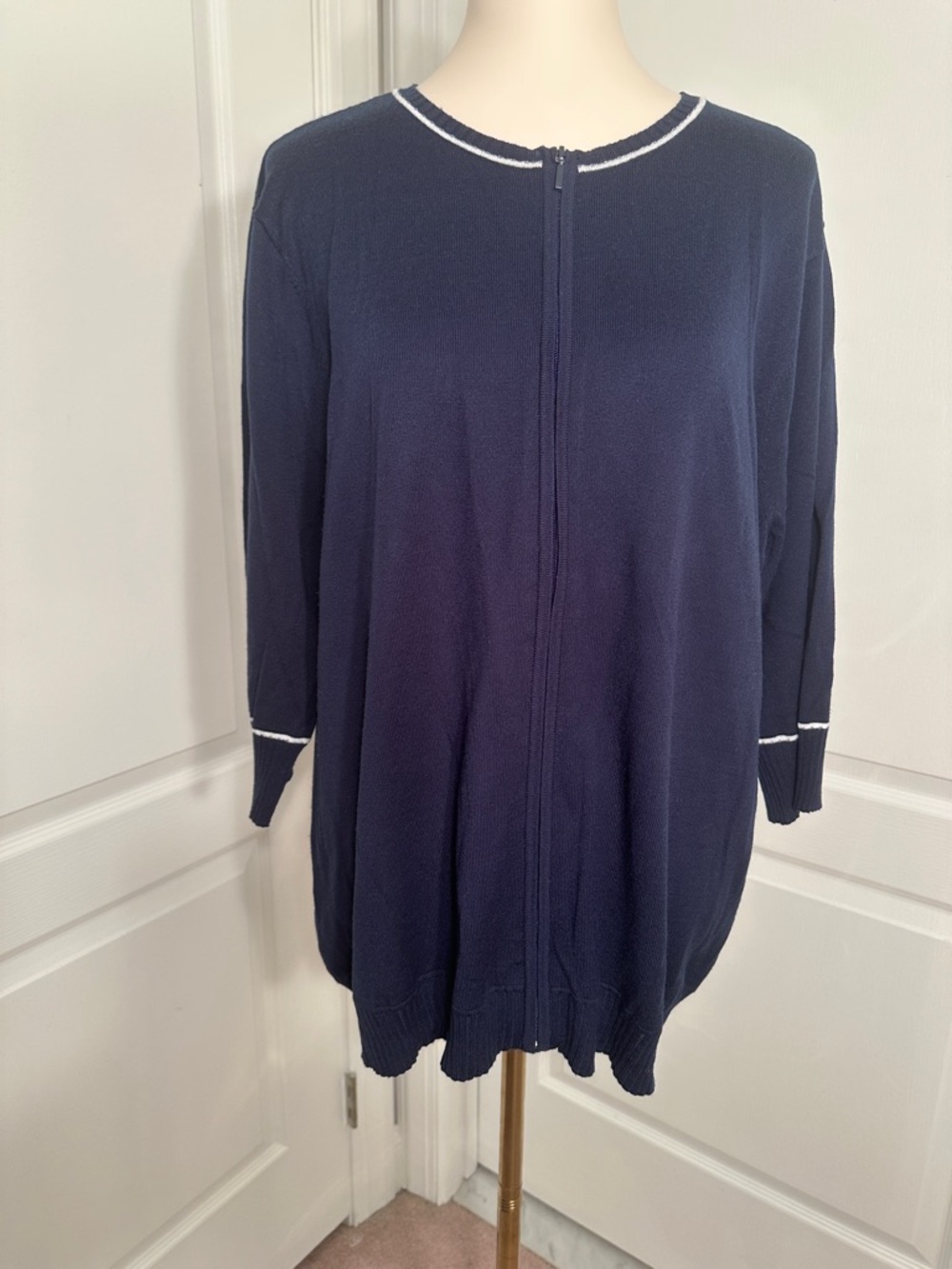 Modern Soul Women’s Navy Zip-Front Knit Cardigan with White Trim Sz 1X